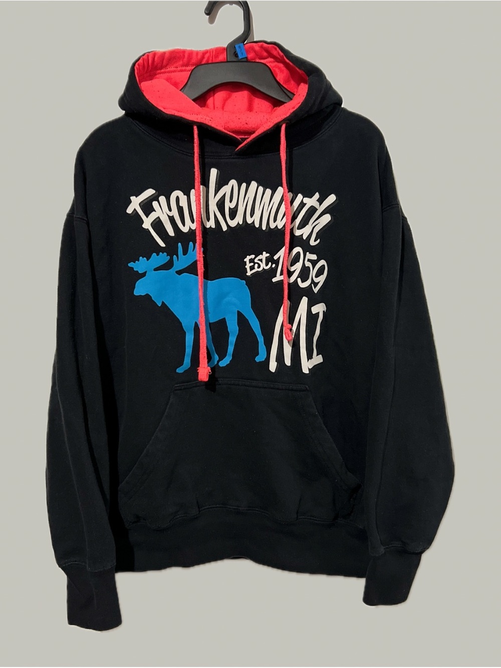 Frankenmuth MI Moose Graphic Hoodie Black Pink Mens M Y2K Pacific & Co Pullover